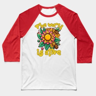 The World is Alive: Spring Bloom Buzz in Yellow, Black, Green, Brown, and Blue Baseball T-Shirt